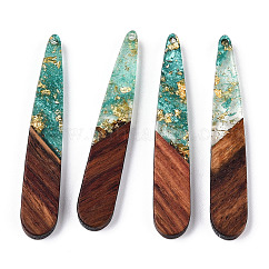 Colgantes de resina transparente y madera de nogal, con lámina de oro, encantos de lágrima, encerado, verde mar claro, 44x7.5x3.5mm, agujero: 1.5 mm