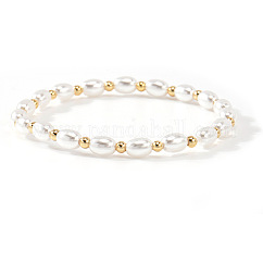 Elegante, elastische Armbänder aus Imitationsperlen und Reiskorn, mit Edelstahl- und Messingzubehör für Damen, golden, weiß, 6.89 Zoll (17.5 cm)