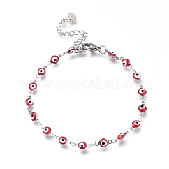 Pulseras de eslabones de acero inoxidable 304, con broches de esmalte y de la garra de la langosta, mal de ojo, color acero inoxidable, rojo, 7-7/8 pulgada (20 cm)