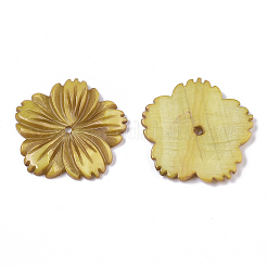 天然淡水シェルビーズ  刻まれた  染め  花  ゴールデンロッド  28x28x3mm  穴：1.6mm&nbsp;SHEL-N026-10A