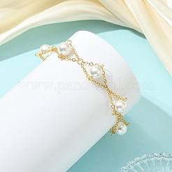 Bracelets pour femmes en laiton avec perles rondes blanches en coquillage et maillons.&nbsp;BJEW-JB14188
