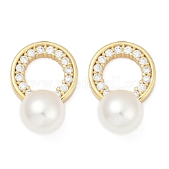 Плоские круглые серьги-гвоздики из латуни с микропаве и прозрачным фианитом EJEW-H154-02G