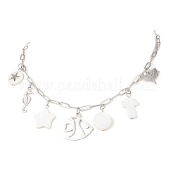 Цепочка-скрепка из латуни с подвеской из сплава и натуральной белой ракушки для женщин NJEW-JN05406-01