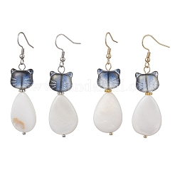Серьги-подвески в форме кошки из натуральной пресноводной ракушки и стекла с каплевидными подвесками&nbsp;EJEW-JE06833