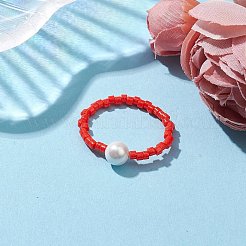 ガラスシードビーズストレッチリング  女性用ラウンドシェルパールビーズリング  ファイヤーブリック  内径：19mm&nbsp;RJEW-JR00717