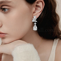 1 пара серег-гвоздиков в форме капли из латуни с прозрачным кубическим цирконием&nbsp;EJEW-LP0001-76