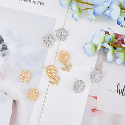 8 шт. 4 стильных плоских круглых серег-гвоздиков с цветочным узором из латуни с микропаве из прозрачных кубических цирконий KK-DC0002-90