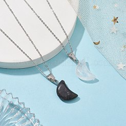 2 Uds. Collares con colgante de cristal de cuarzo y larvikita natural de luna creciente de 2 estilos&nbsp;NJEW-JN04642