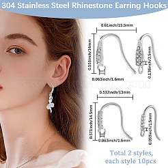 20 шт. 2 стиля крючков для сережек из нержавеющей стали 304 со стразами&nbsp;STAS-BBC0007-16A