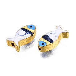 ラックメッキ合金エナメルビーズ  カドミウムフリー＆鉛フリー  魚  ライトゴールド  プルシアンブルー  17x8x4.5mm  穴：1.8mm&nbsp;X-PALLOY-N157-046E