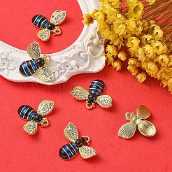 ラックメッキ合金エナメルペンダント6個。  クリスタルラインストーン付き  カドミウムフリー＆ニッケルフリー＆鉛フリー  ライトゴールド  ミツバチ  マリンブルー  19x23x5mm  穴：1.4mm&nbsp;ENAM-YW0002-56G