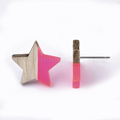 透明樹脂＆ウッドスタッドピアス  304ステンレスピン付き  スター  濃いピンク  17x18mm  ピン：0.7mm&nbsp;EJEW-N017-001A-D06