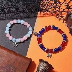 2 Stück 10 mm runder Opalit & rosa Glas & rotes Glas & blaues Katzenauge Perlen Stretch-Armband-Set für Liebhaber&nbsp;BJEW-JB10325-02