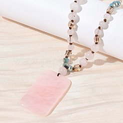 Colliers longs en perles de verre avec pendentif rectangulaire en quartz rose naturel&nbsp;GG-CBAE048-02B