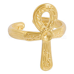 304ステンレススチールオープンカフリング  エジプトのアンク（生命の鍵）／アンク十字  18KGP本金メッキ  24mm  内径：21mm&nbsp;HV1833-2
