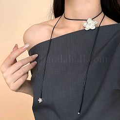 合金樹脂製フラワーペンダント、黒ワックスコード付き、調節可能なロングネックレス（女性用）  銀  37.40インチ（95cm）&nbsp;WG1FF70-03