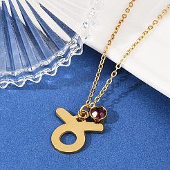304 ステンレススチール ガラス ドリル 誕生石 星座 ペンダント ネックレス  18KGP本金メッキ  真空めっき  牡牛座  17.72インチ（45cm）  ペンダント：17.5x17.5x1.1mm&nbsp;STAS-D305-08G-B