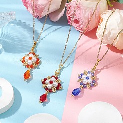 3個3色の手作りガラスシードビーズとガラスパールラウンドペンダントネックレス  織機模様  花と涙  ミックスカラー  17.72インチ（45cm）  1pc /カラー&nbsp;NJEW-MZ00057