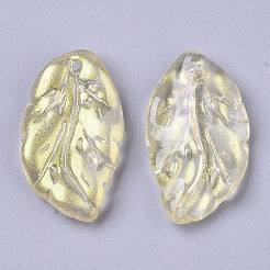 透明スプレー塗装ガラスペンダント  グリッターパウダー付き  葉  シャンパンイエロー  29x17x5mm  穴：1.4mm&nbsp;GLAA-T013-02-A01