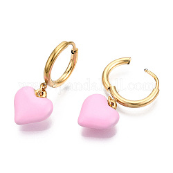 Enamel Heart Dangle Hoop Earrings, Real 18K Gold Plated 304 Stainless Steel Jewelry for Women, Nickel Free, Pink, 28x11.5mm, Pin: 1mm