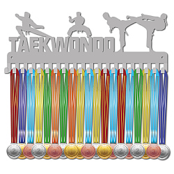 Support de mur d'affichage de support de cintre de médaille de fer de mode, 20-crochets, avec des vis, couleur d'argent, taekwondo, des sports, 150x400mm, Trou: 5mm