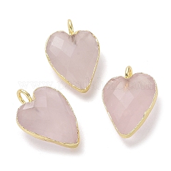 Pendentifs de quartz rose naturel, breloques en coeur à facettes, avec boucles de bord en laiton plaqué or, 18x12x6mm, Trou: 3mm