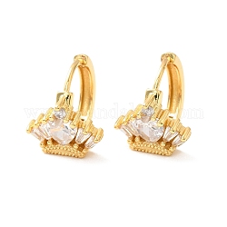 Clear Cubic Zirconia Crown Hoop Earrings, Brass Hinged Earrings for Women, Cadmium Free & Nickel Free & Lead Free, Real 18K Gold Plated, 13x15x11.5mm, Pin: 0.8mm