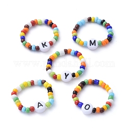 Glass Seed Beads Stretch Finger Rings, with Letter Acrylic Beads, Mixed Color, Size 10, Inner Diameter: 20mm