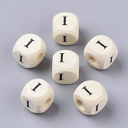 Perle di legno naturale stampate, foro orizzontale, cubo con lettera iniziale, papayawhip, letter.i, 10x10x10mm, Foro: 3.5 mm, circa 1000pcs/500g