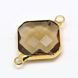 Golden Tone Brass Glass Rhombus Links Connectors, Faceted, Tan, 24x17x4.5mm, Hole: 2mm