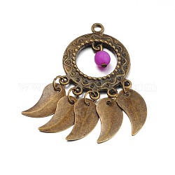 Tibetan Style Alloy Flat Round Pendants, with Acrylic Round Beads and Iron Leaf Charms, Nickel Free, Orchid, 48x25x6mm, Hole: 2.5mm