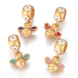 Brass European Dangle Charms, with Enamel, Large Hole Pendants, Matte Real 24K Gold Plated, Bees with Flower, Mixed Color, 20mm, Hole: 4mm, Bees: 11x10x5mm