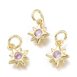 Brass Micro Pave Cubic Zirconia Pendants, with Jump Rings, Star, Real 18K Gold Plated, Lavender Blush, 10x8x2mm, Hole: 3.5mm