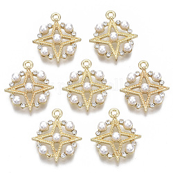 Alloy Pendants, with ABS Plastic Imitation Pearl, with Crystal Rhinestone, Flat Round with Star, Light Gold, 19x16.5x4.5mm, Hole: 1.4mm