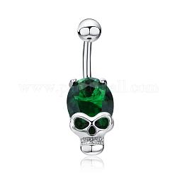 Real Platinum Plated Skull Brass Cubic Zirconia Navel Ring Navel Ring Belly Rings, with 304 Stainless Steel Bar, Green, 30x10mm, Bar Length: 3/8