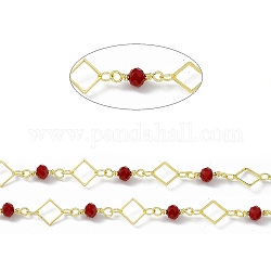 Handmade Brass Rhombus Link Chains, with Red Glass Beaded, Soldered, with Spool, Real 18K Gold Plated, Link: Rhombus: 8x8x0.7mm, Round: 12x4.5mm