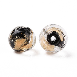 Perles de verre de feuille d'or faites la main de , ronde, noir, 10x9~10mm, Trou: 1.6~2mm