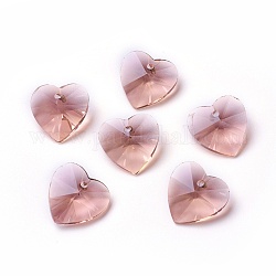 Breloques en verre d'idées de valentines romantiques, pendentifs coeur facetté, rose, 18x18x10mm, Trou: 1mm