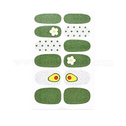 Avocados & Strawberries & Flowers Full Cover Nail Art Stickers, Glitter Powder Decals, Self Adhesive, for Nail Tips Decorations, Green, 25.5x10~16.5mm, 12pcs/sheet