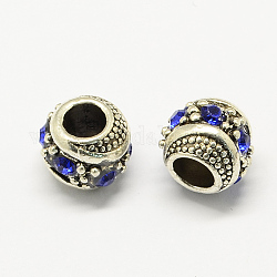 Legierung Rhinestone European Beads, Unterlegscheibe Perlen mit großem Loch, Antik Silber Farbe, Saphir, 11x10 mm, Bohrung: 5 mm