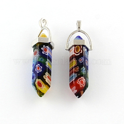 Millefiori Glass Pendants with Alloy Findings, Platinum, Colorful, 40~42x8x8mm, Hole: 2mm