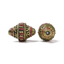 Handmade tibetischen Stil Perlen, mit Messingbeschlägen und synthetischem Türkis, Doppelkegel, Antik Golden, indian red, 25x16 mm, Bohrung: 1.6 mm