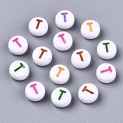 Perles acryliques blanches opaques, plat rond avec lettre de couleurs mélangées, letter.t, 7x3.5mm, Trou: 1.2mm, environ 4000 pcs/500 g
