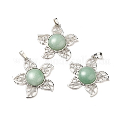 Natural Green Aventurine Pendants, Flower Charms, with Rack Plating Platinum Tone Brass Findings, Cadmium Free & Lead Free, 38x37x7~7.5mm, Hole: 8x5mm