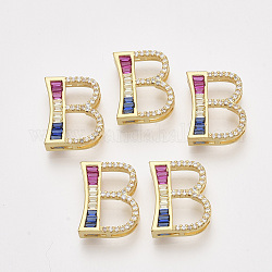 Brass Cubic Zirconia Slide Charms, Real 14K Gold Plated, Colorful, Letter, Letter.B, 18x14.5x5mm, Hole: 1.5x4mm and 1.5x6mm