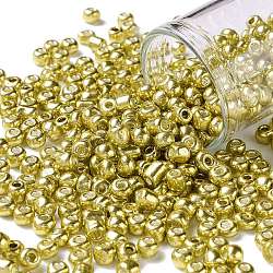 6/0 Perlas de semillas de vidrio, estilo de colores metalizados, redondo, vara de oro pálido, 6/0, 4mm, agujero: 1.5 mm, aproximamente 4500 unidades / libra