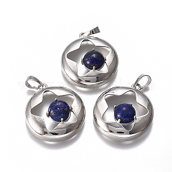 Pendentifs en lapis lazuli naturel, avec les accessoires en laiton de tonalité de platine, plat et circulaire avec étoile, teinte, 31.5x28x10.5mm, Trou: 4.5x7.5mm