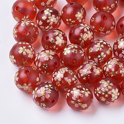 Durchscheinende bedruckte Harzperlen, matt, rund mit Sakura-Muster, rot, 14 mm, Bohrung: 2 mm