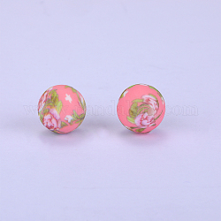 Rond imprimé avec perles focales en silicone à motif floral, rose, 15x15mm, Trou: 2mm