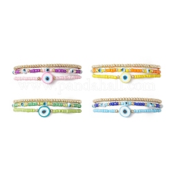 3Pcs 3 Style Evil Eye Polymer Clay & Glass Seed Beaded Stretch Bracelets Set for Women, Mixed Color, Inner Diameter: 2-1/8 inch(5.3cm), 1Pc/style